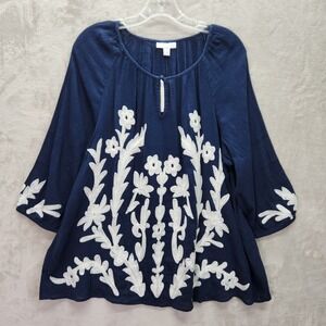 Charter‎ Club Tunic Womens Large Intrepid Blue Embroidered Blouse Riviera Sunset